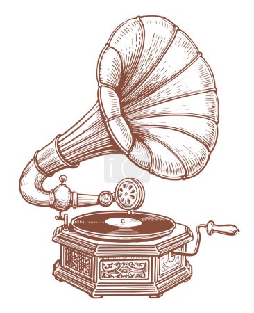 Téléchargez les illustrations : Gramophone rétro avec disque vinyle. Un tourne-disque en laiton antique. Dispositif de musique rétro avec illustration vectorielle de haut-parleur corne - en licence libre de droit