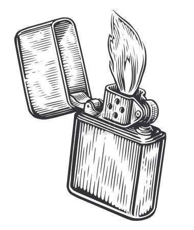 Ilustración de Llama de fuego y quemaduras más ligeras con la tapa abierta. Encendedor de cigarrillos en llamas. Dibujo ilustración vector vintage - Imagen libre de derechos
