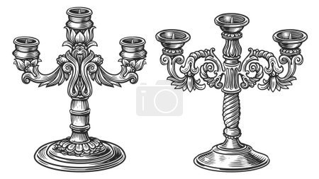 Illustration for Old candlestick for candles. Engraving style lighting chandelier. Sketch vintage vector illustration - Royalty Free Image