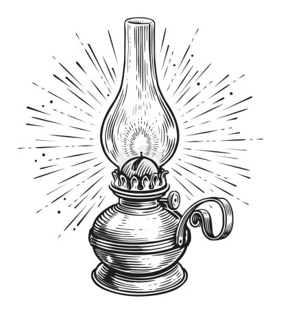 Téléchargez les illustrations : Lanterne à huile vintage ou lampe au kérosène avec des rayons de lumière. Ancienne lampe à huile croquis vectoriel illustration gravure style - en licence libre de droit