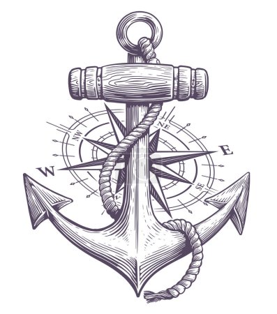 Illustration for Anchor with rope and nautical compass drawn in engraving style. Sketch vintage vector illustration - Royalty Free Image