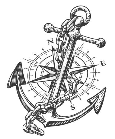 Ilustración de Brújula, Rosa del Viento y Ancla con cuerda en estilo grabado. Ilustración vectorial boceto Vintage - Imagen libre de derechos