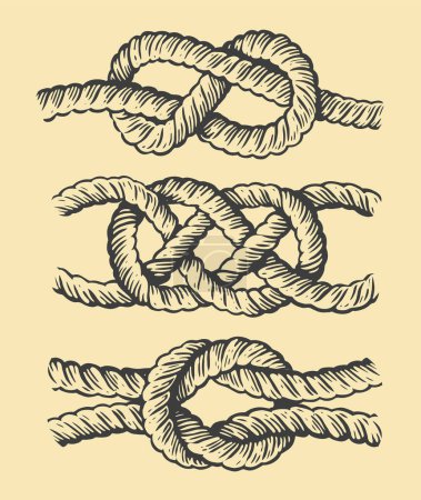Téléchargez les illustrations : Ensemble de nœuds de corde de navire. Illustration vectorielle de croquis vintage en style gravure - en licence libre de droit