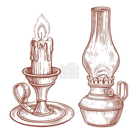 Illustration for Candlestick with burning candle. Old kerosene lamp. Hand drawn sketch engraving style vector illustration - Royalty Free Image