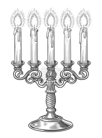 Illustration for Vintage brass candelabra with five burning candles in engraving style. Hand drawn candlestick sketch vector illustration - Royalty Free Image