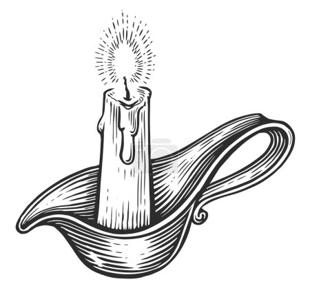 Ilustración de Vela ardiendo en un tazón. Candelabro en estilo antiguo grabado. Ilustración vectorial boceto Vintage - Imagen libre de derechos