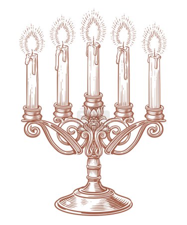 Téléchargez les illustrations : Candélabre avec cinq bougies allumées. Croquis dessiné à la main chandelier vintage. Illustration vectorielle - en licence libre de droit