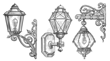Téléchargez les illustrations : Un vieux lampadaire. Vintage lanterne croquis vectoriel illustration gravure style - en licence libre de droit
