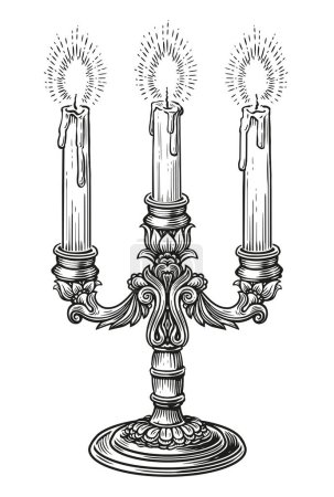 Illustration for Vintage candelabrum with candles burning. Candlestick sketch engraving style vector illustration - Royalty Free Image