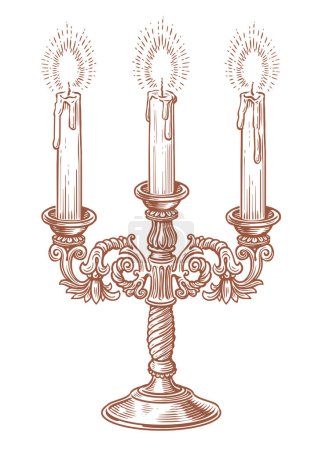 Illustration for Vintage candlestick with candles. Old chandelier engraving style. Sketch vector illustration - Royalty Free Image