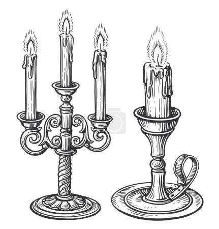 Illustration for Candle on candlestick burning in vintage engraving style. Candelabrum sketch vector illustration - Royalty Free Image