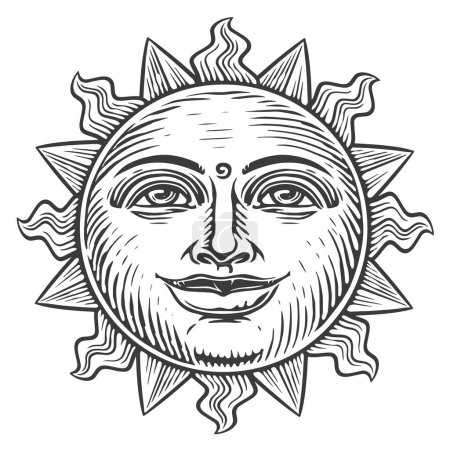Illustration for Smiling Sun in vintage engraving style. Sunny day, morning. Sketch vector illustration - Royalty Free Image