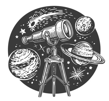 Téléchargez les illustrations : Exploration spatiale. Télescope, étoiles et planètes. Concept d'astronomie. Illustration vectorielle vintage - en licence libre de droit