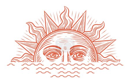 Illustration for Sunrise illustration engraving style. Vintage sketch vector with rising sun and sea waves - Royalty Free Image
