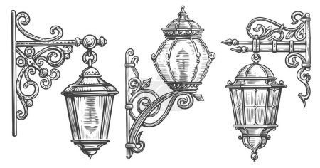 Ilustración de Lámpara de calle de hierro forjado de pared en estilo grabado. Ilustración del vector vintage del boceto de la linterna - Imagen libre de derechos