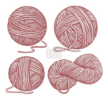 Illustration for Wool and yarn set. Dressmaking needlework, sewing workshop, tailoring hobby knitting. Sketch vintage vector illustration - Royalty Free Image