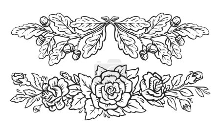 Floraler Rahmen Grenze. Rosenblüten und Eichenzweige mit Eicheln und Blättern. Vintage Sketch Vektor Illustration