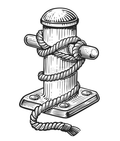 Illustration for Mooring bollard with ship rope. Marine concept. Sketch vintage vector illustration - Royalty Free Image