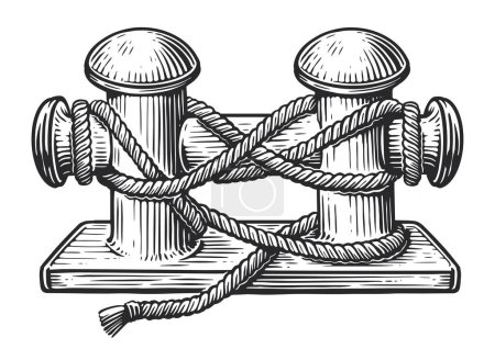 Illustration for Old marine bollard with rope tied on pier. Hand drawn sketch vintage vector illustration - Royalty Free Image