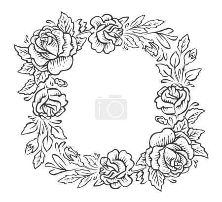 Ilustración de Marco con flores decorativas con hojas. Corona floral en estilo grabado vintage. Dibujo vector ilustración - Imagen libre de derechos