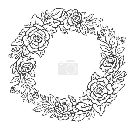 Ilustración de Marco redondo con flores decorativas con hojas. Corona floral dibujada a mano. Rosas patrón vintage vector ilustración - Imagen libre de derechos