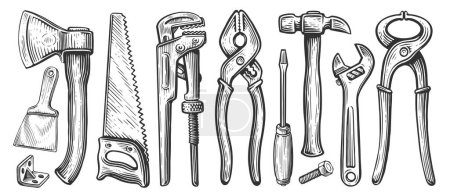 Ilustración de Conjunto de herramientas para trabajos de construcción o reparación. Alicates de sujeción, martillo, destornillador, sierra, llave inglesa, llave de plomería - Imagen libre de derechos