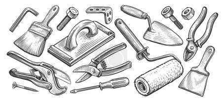 Ilustración de Conjunto de herramientas. Materiales de construcción o reparación. Concepto de trabajo doméstico. Dibujo vector ilustración - Imagen libre de derechos
