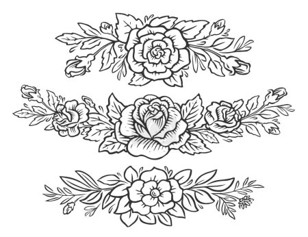 Ilustración de Conjunto borde marco floral. Rosas, flores y hojas. Dibujado a mano patrón vintage dibujo vector ilustración - Imagen libre de derechos
