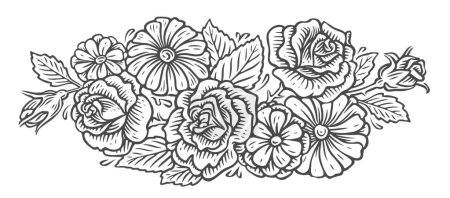 Ilustración de Flores. Flores silvestres con hojas dibujadas en estilo de boceto. Dibujo de patrón floral ilustración vector vintage - Imagen libre de derechos