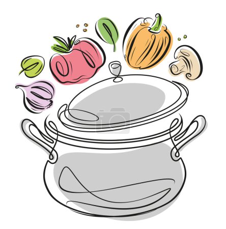 Illustration for Food cooking ingredients in kitchen pot. Fresh vegetables and saucepan with lid. Vector illustration - Royalty Free Image