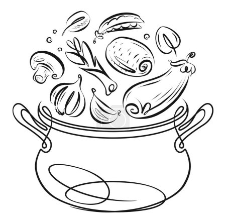Téléchargez les illustrations : Légumes frais tombant dans la casserole. Une alimentation saine, végétarienne. Illustration vectorielle de cuisson - en licence libre de droit