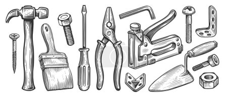Colección de herramientas de trabajo. Conjunto de suministros de reparación y construcción. Dibujo ilustración vector vintage