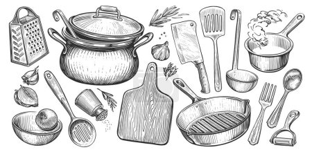 Illustration for Set of kitchen utensils for cooking. Food concept. Sketch vintage vector illustration for restaurant or diner menu - Royalty Free Image