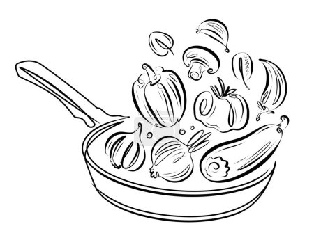 Téléchargez les illustrations : Légumes tombant dans la poêle. Une alimentation saine, végétarienne. Illustration vectorielle de cuisson - en licence libre de droit