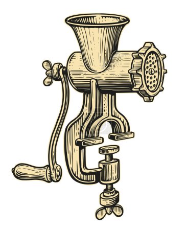 Illustration for Retro manual meat mincer. Vintage kitchen grinder with handle. Sketch vector illustration - Royalty Free Image