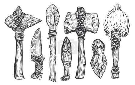 Ilustración de Herramientas de trabajo prehistóricas y equipo de un hombre de las cavernas primitivo. Dibujo vector ilustración grabado estilo - Imagen libre de derechos