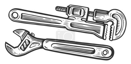 Illustration for Adjustable wrench and plumbing tool. Construction work concept. Sketch vector illustration - Royalty Free Image