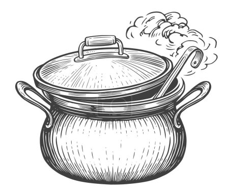 Téléchargez les illustrations : Pot avec soupe de cuisson et louche et couvercle. Préparation des aliments dans une casserole. Illustration vectorielle de croquis - en licence libre de droit