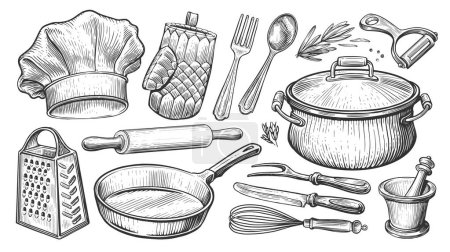 Téléchargez les illustrations : Concept de cuisine. Ustensiles de cuisine en style gravure vintage. Illustration vectorielle de croquis - en licence libre de droit