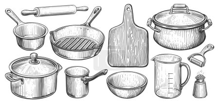 Illustration for Kitchen utensils set in vintage engraving style. Cooking concept. Sketch vector illustration - Royalty Free Image