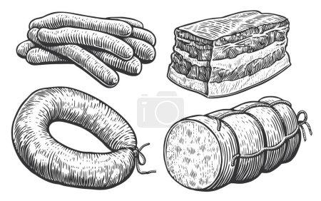 Illustration for Meat products set. Sausage, cooking salami, barbecue delicatessen, lard. Sketch vector illustration engraving style - Royalty Free Image