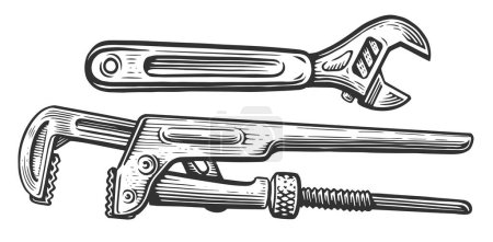 Illustration for Wrench tools. Construction spanner, plumbing key. Sketch vintage vector illustration - Royalty Free Image