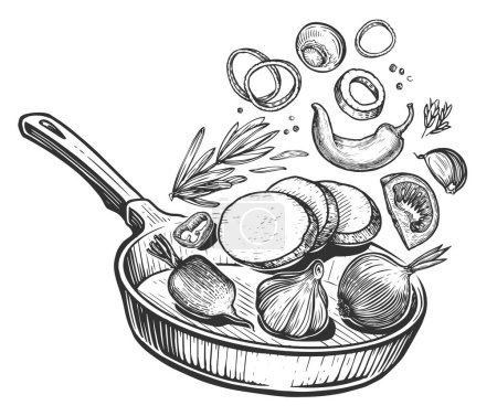 Illustration for Vegetables falling into frying pan. Healthy eating, vegetarian food. Sketch vector illustration - Royalty Free Image