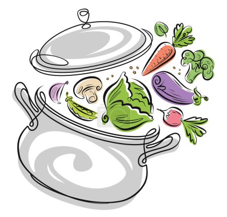 Téléchargez les illustrations : Légumes frais de ferme et pot de cuisine. Ingrédients de cuisson dans une casserole. Illustration vectorielle du concept alimentaire - en licence libre de droit