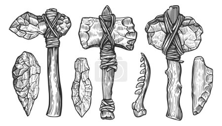 Téléchargez les illustrations : Ensemble d'outils et d'armes de l'âge préhistorique. La hache de pierre d'un homme primitif. Illustration vectorielle de croquis - en licence libre de droit