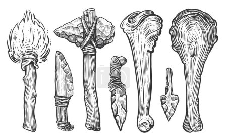 Téléchargez les illustrations : Ensemble d'outils et d'équipements préhistoriques d'un homme des cavernes primitif. Illustration vectorielle de croquis - en licence libre de droit