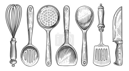 Illustration for Set of kitchen tools for cooking, old engraving style. Sketch vintage vector illustration for restaurant or diner menu - Royalty Free Image