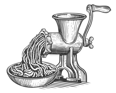 Illustration for Vintage meat grinder. Retro mincer and mince. Cooking concept. Sketch vector illustration engraving style - Royalty Free Image