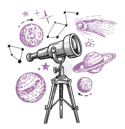 Téléchargez les illustrations : Télescope observant les étoiles et les planètes. Astronomie, concept d'exploration spatiale. Illustration vectorielle de croquis - en licence libre de droit
