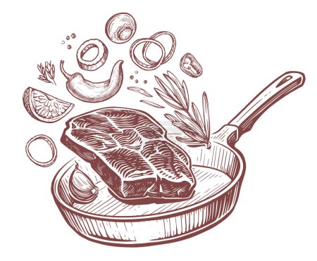 Illustration for Meat with vegetables in a frying pan. Cooking, food preparation. Home kitchen sketch vector illustration - Royalty Free Image